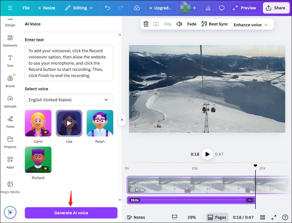 Generate AI voice for video using Canva