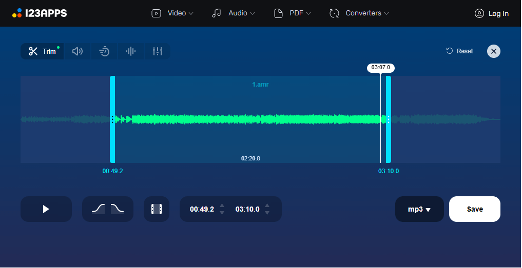 Interface of 123Apss's Online MP3 Cutter