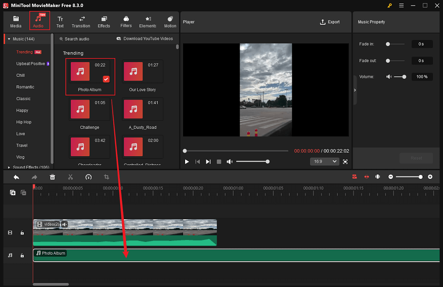 Hinzufügen des Audios von Medienbibliothek in MiniTool MovieMaker.