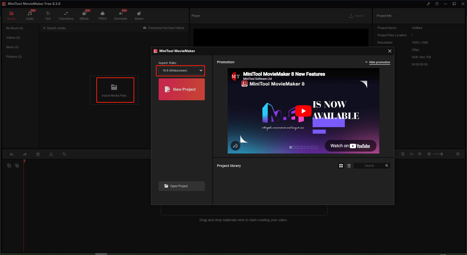 Click Import Media Files to add your media files into MiniTool MovieMaker