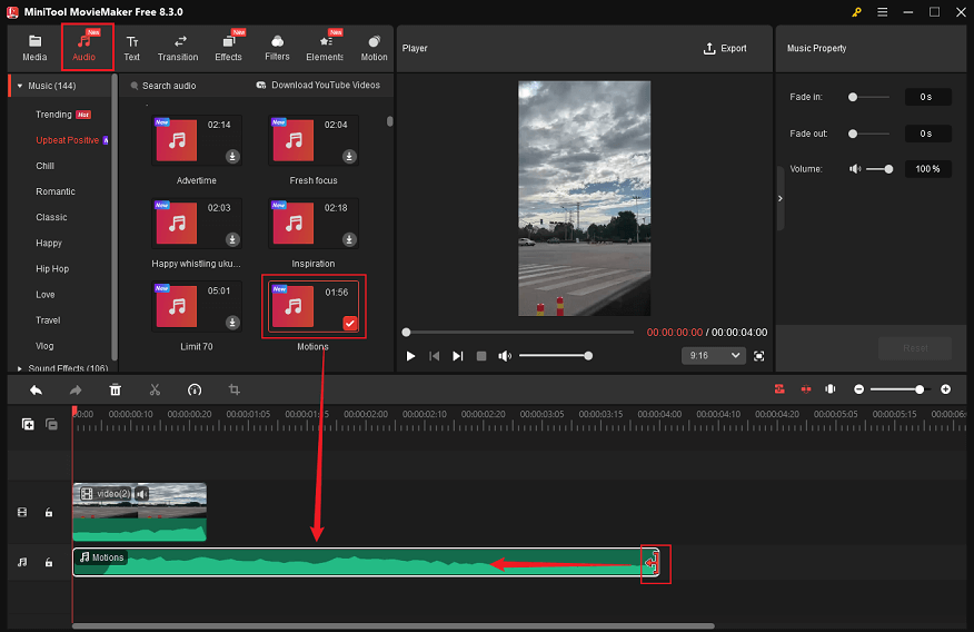 Add the desired music from the Audio section to the video and trim the audio to match the video duration in MiniTool MovieMaker
