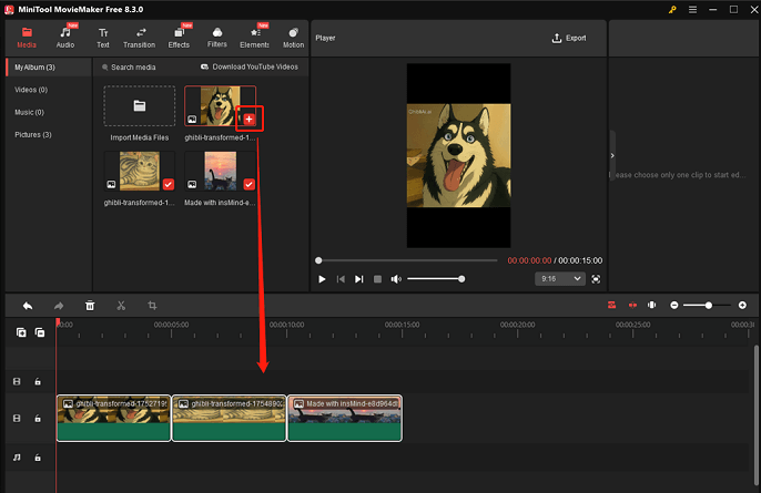 Click the Plus icon to add PNG files to the timeline in MiniTool MovieMaker