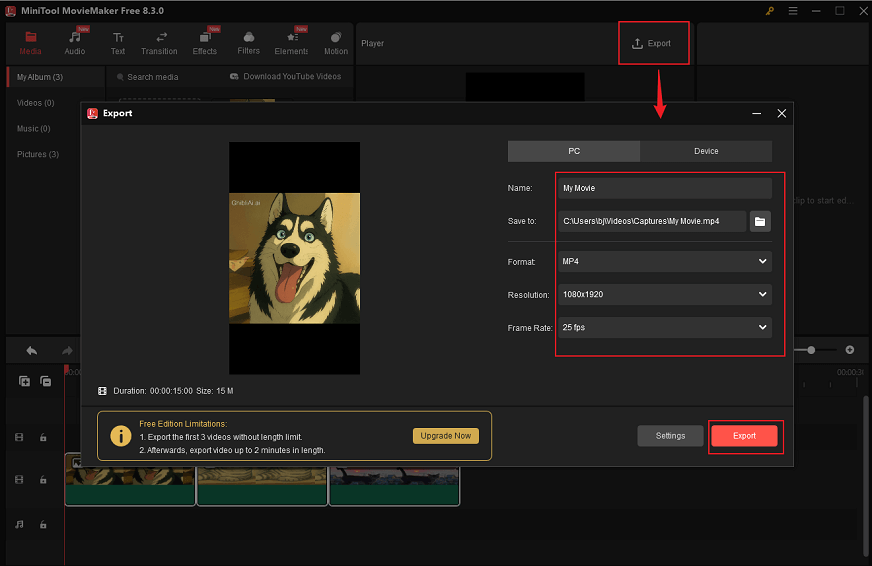 Configure parameters in MiniTool MovieMaker’s Export window and click Export to save the video