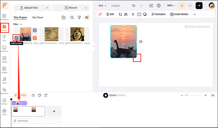 Click the Add as Layer icon on the image to add it to the background in FlexClip’s Media section