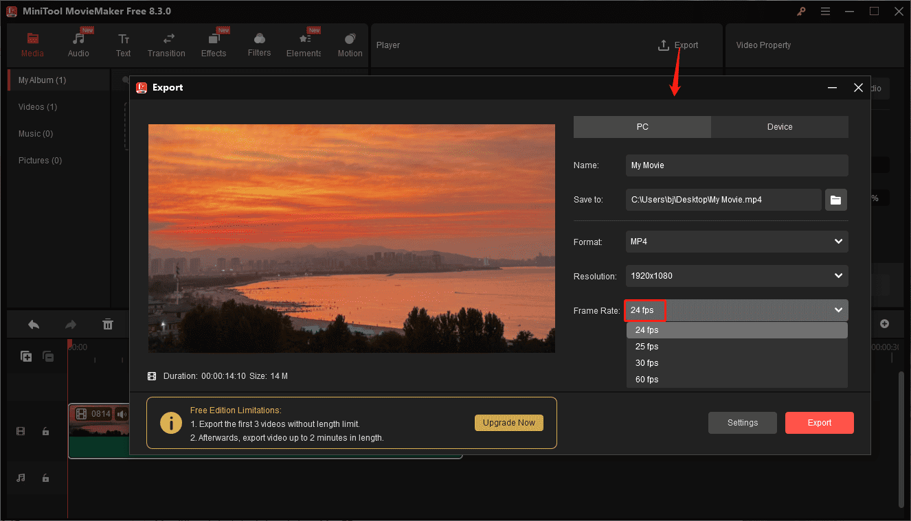 Convert 60 fps to 24 fps for the video in MiniTool MovieMaker