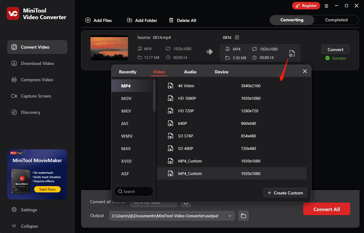 Choose the output format in MiniTool Video Converter