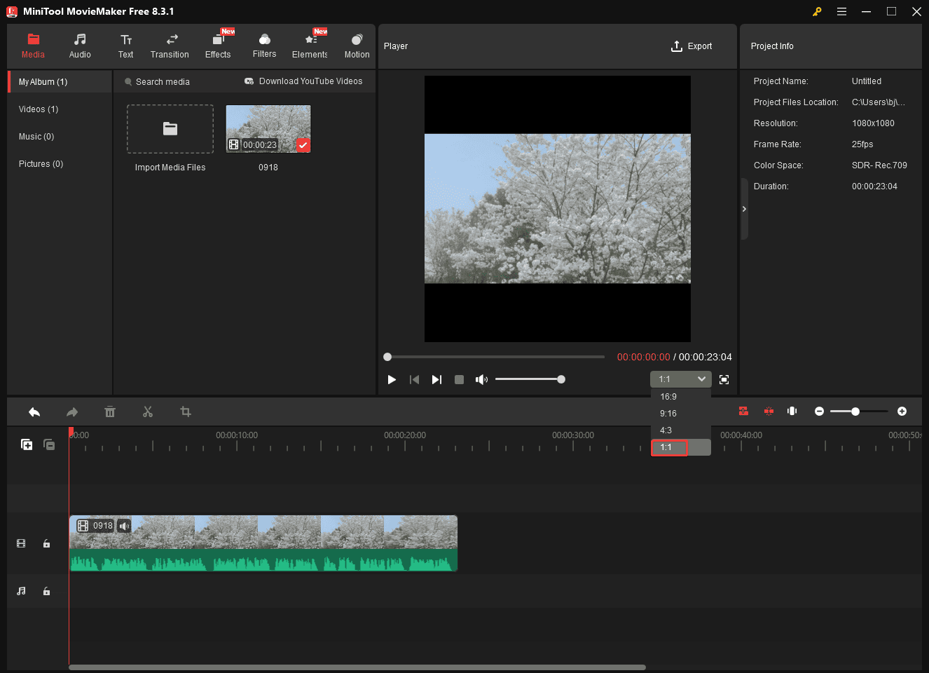 Change the video aspect ratio to 1:1 in MiniTool MovieMaker