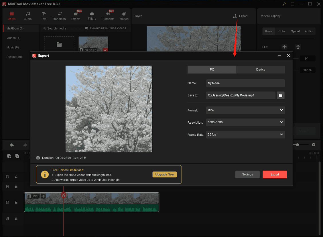 Export the square video from MiniTool MovieMaker