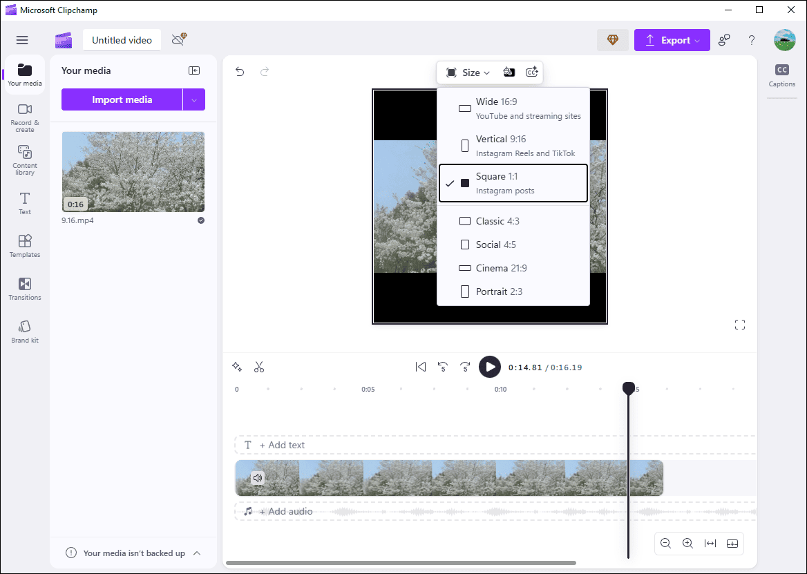Change the video aspect ratio to 1:1 in Microsoft Clipchamp