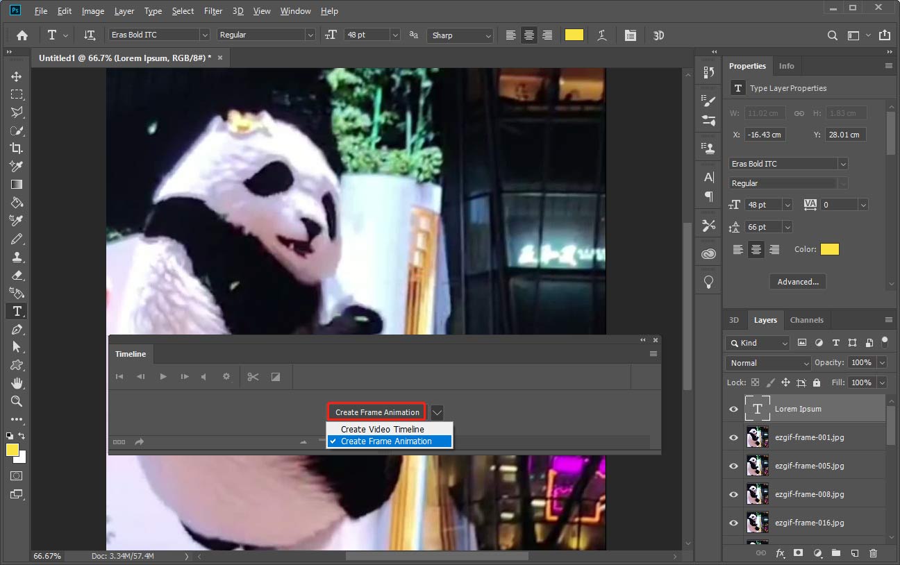 Click Create Frame Animation in Photoshop