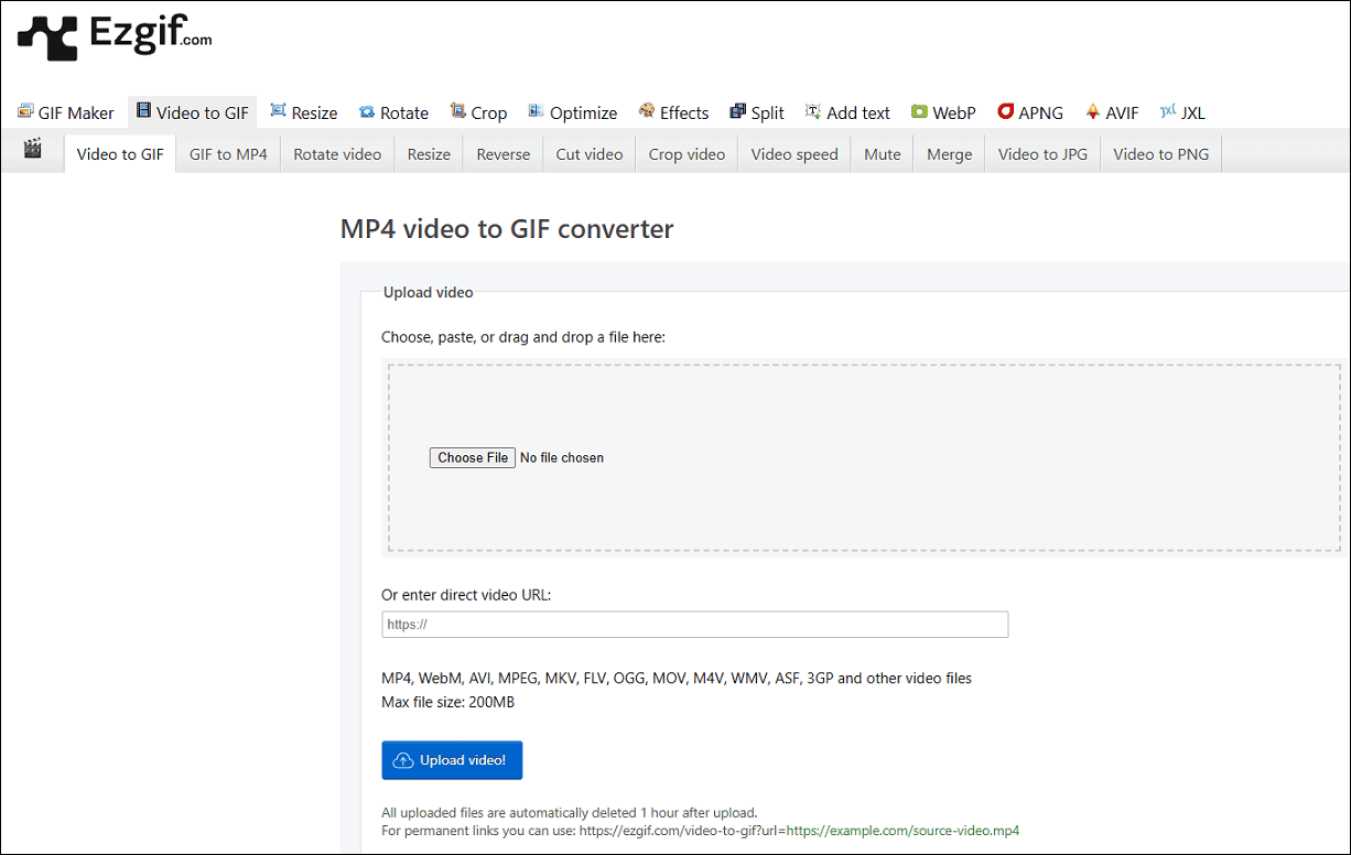 Add your MP4 file to Ezgif