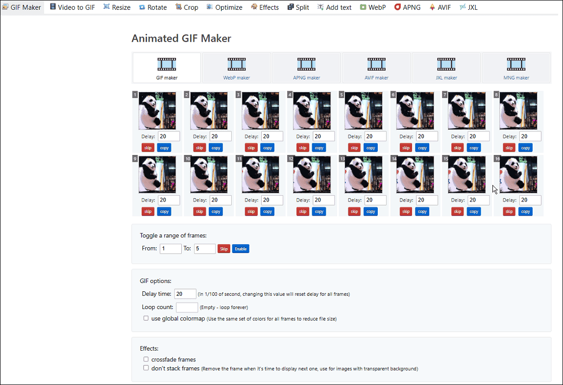 Change the GIF settings on Ezgif