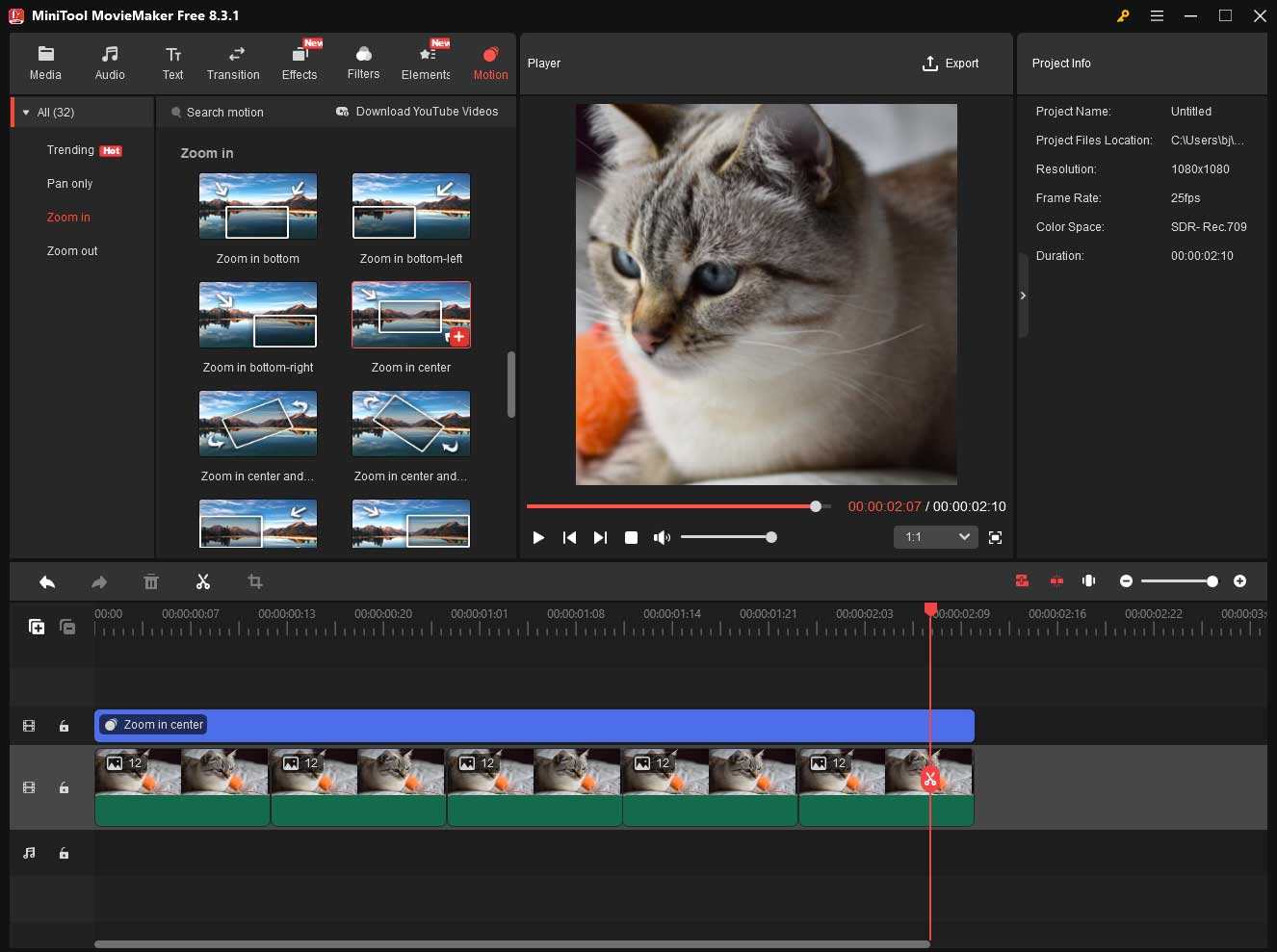 Apply a motion effect to the image in MiniTool MovieMaker