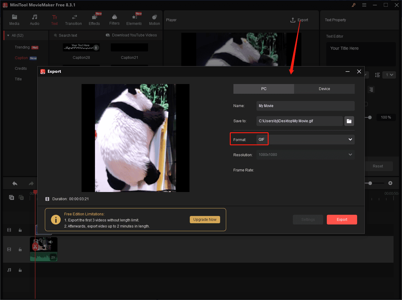 Click the Export button to create and save the GIF from MiniTool MovieMaker