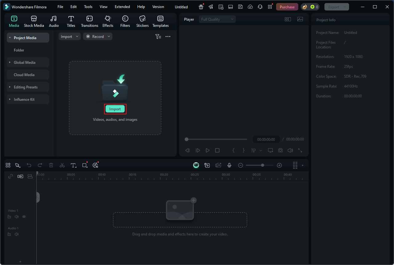 Click the Import option to add the OGV video to Wondershare Filmora