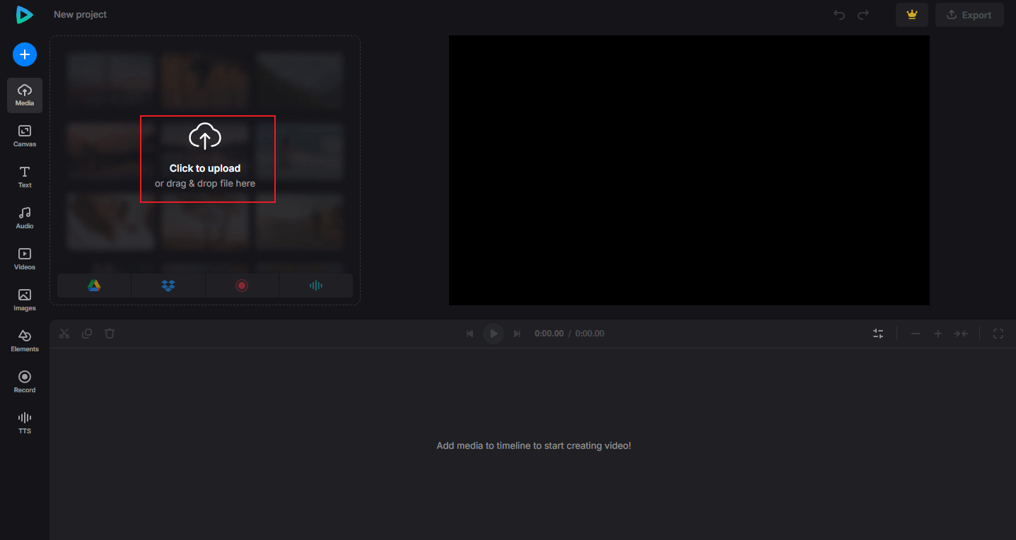 Click the Click to upload option in Clideo to import the OGV video