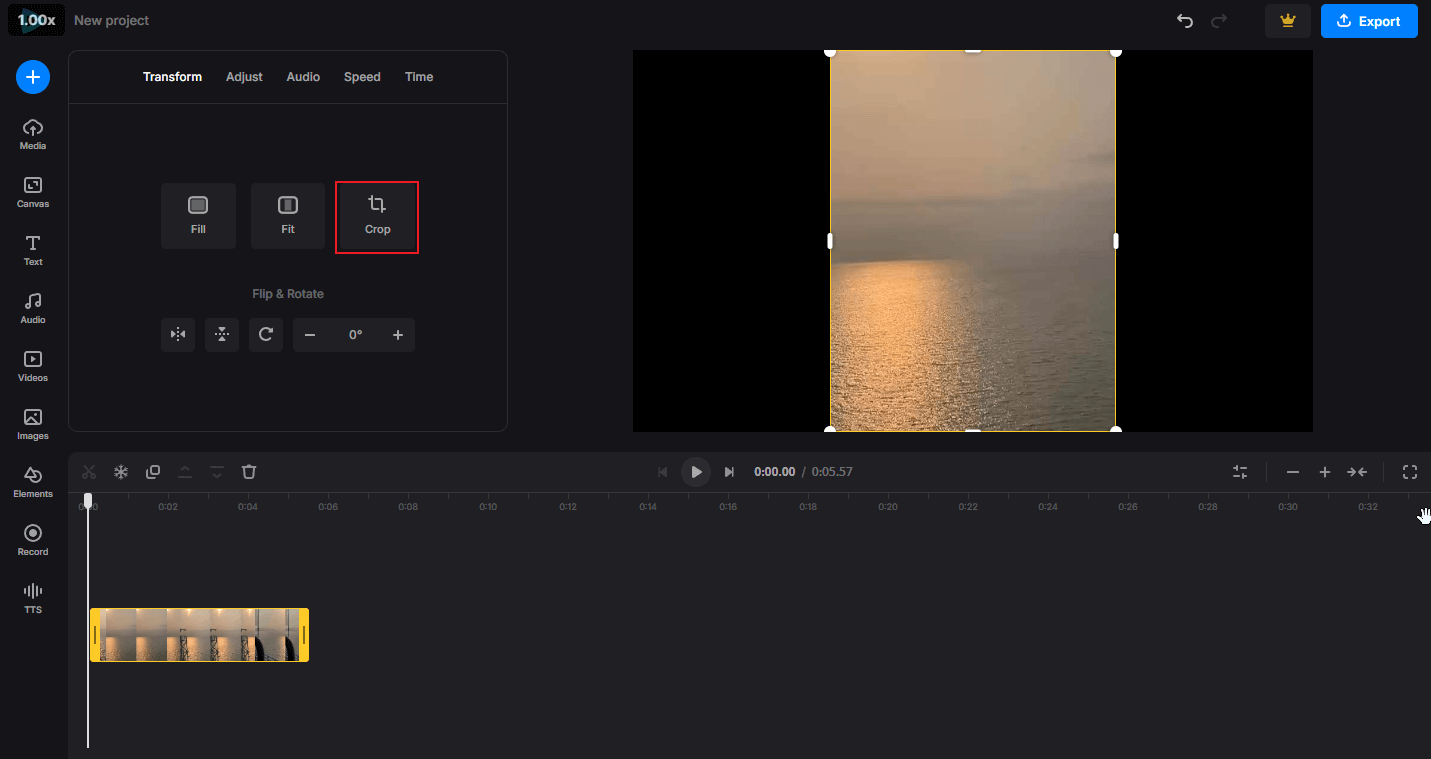 Click the Crop option to access the Crop window in Clideo