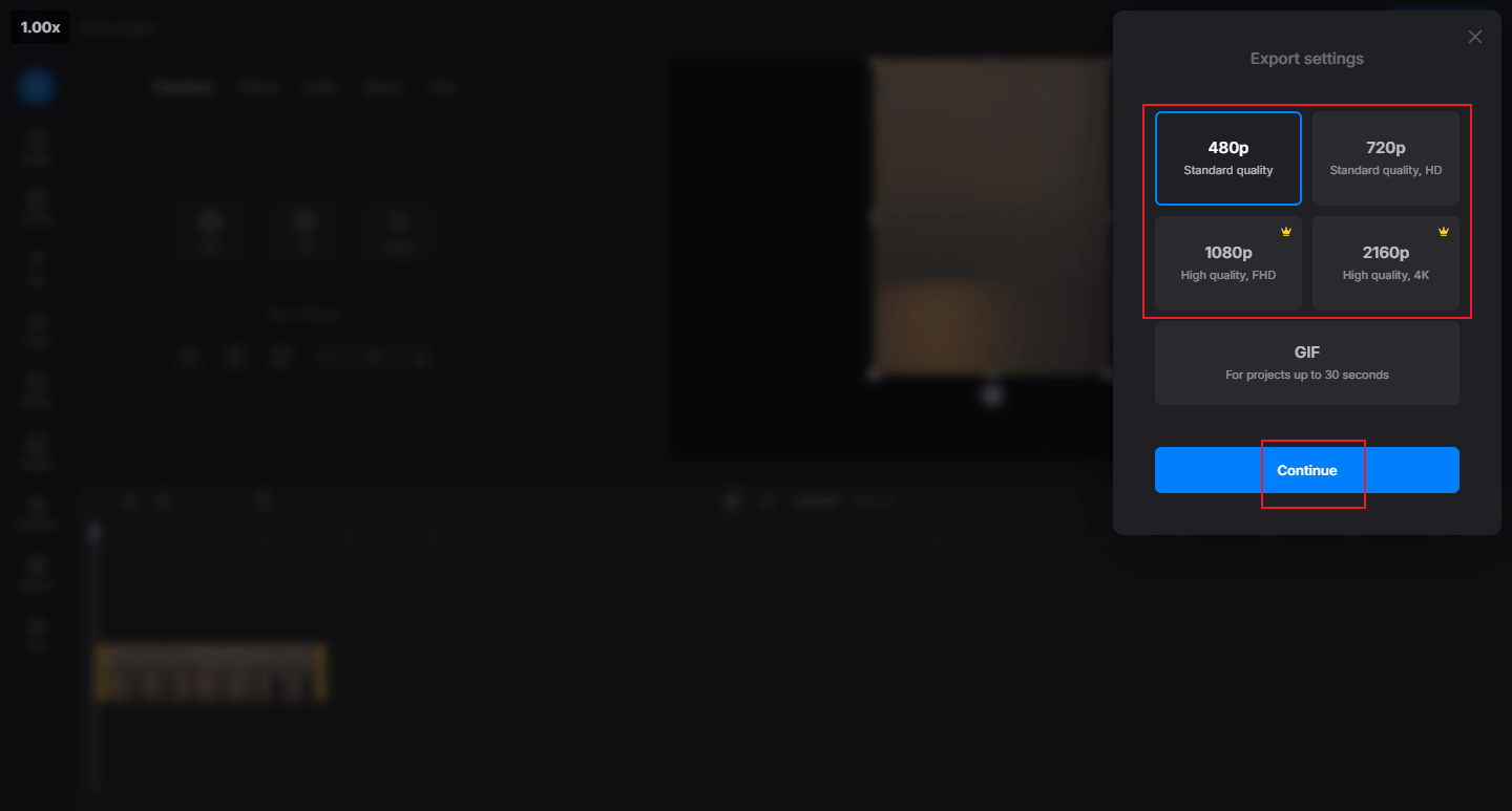 Choose an output resolution and click Continue in Clideo
