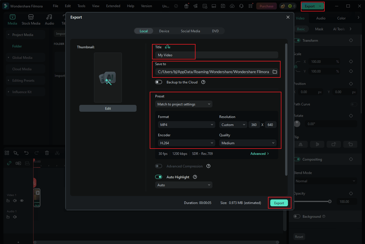 Set some settings for the cropped video and click Export in Wondershare Filmora to export it