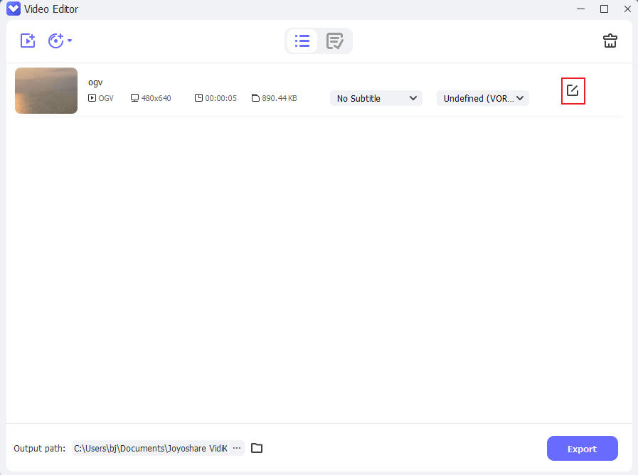 Click the Edit icon on the added video to open the Crop window in Joyoshare VidiKit