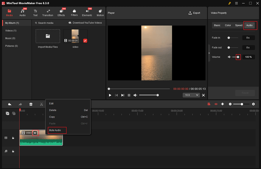 Delete audio from RMVB in MiniTool MovieMaker