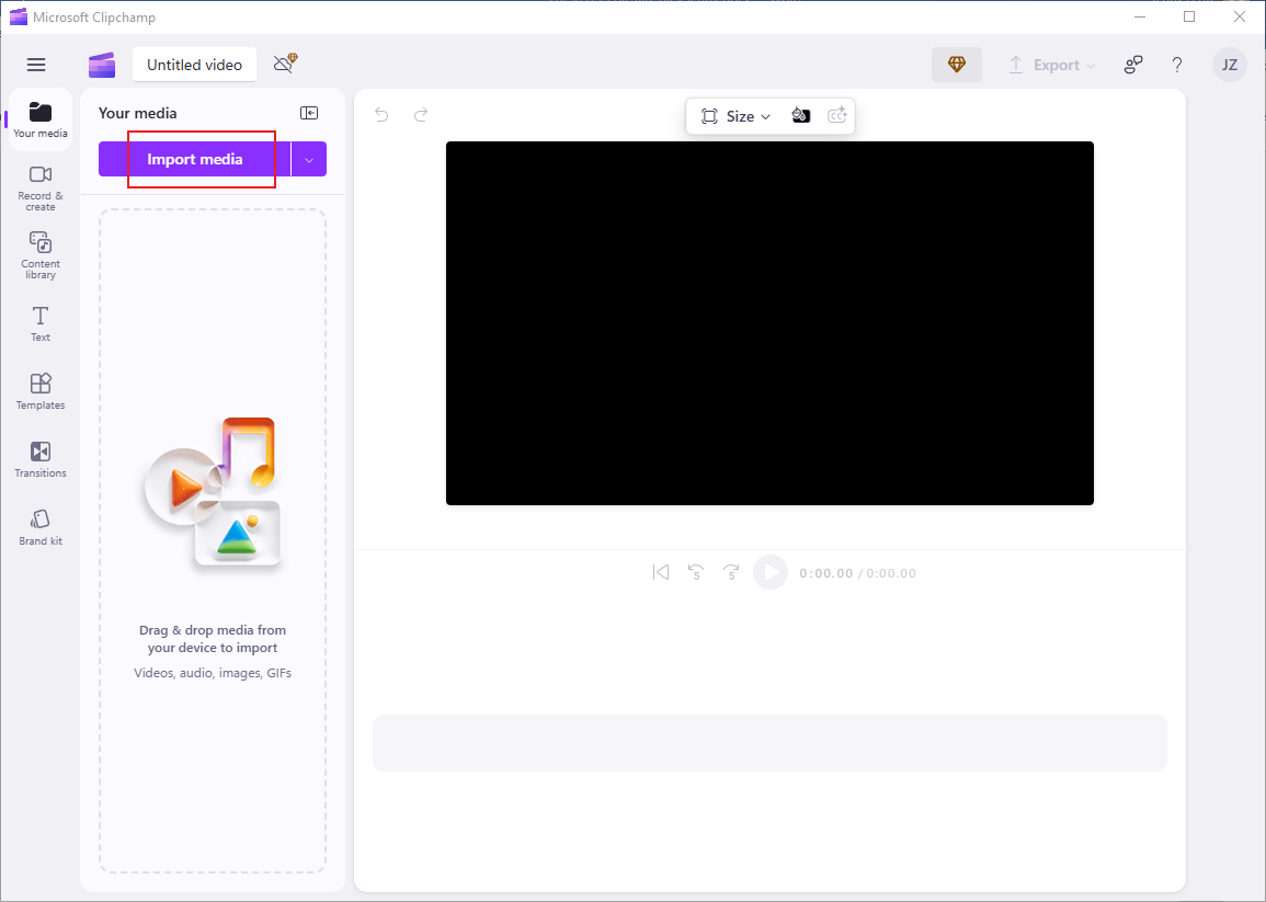 Click the Import media option to import the AIFF file to Clipchamp