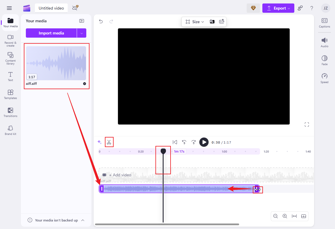 Drag the added AIFF file to the timeline and edit it in Clipchamp