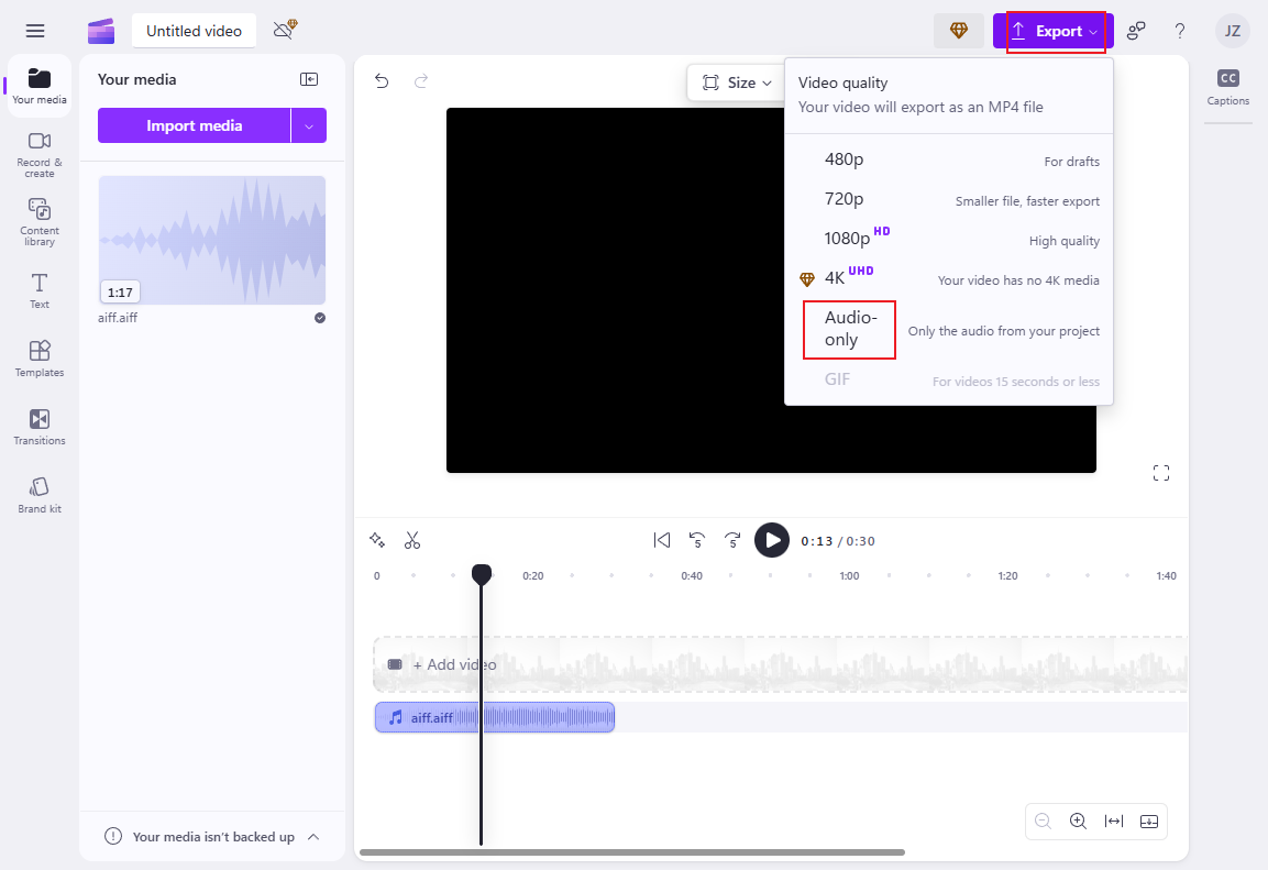 Click Export, choose Audio-only and export the AIFF file in Clipchamp