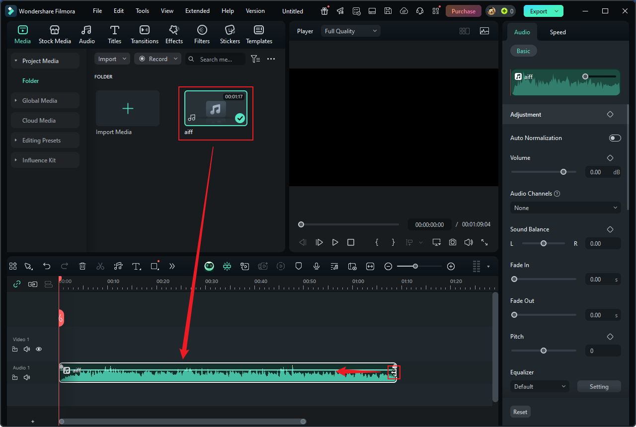 Drag the added AIFF file to the timeline and trim the file in Wondershare Filmora