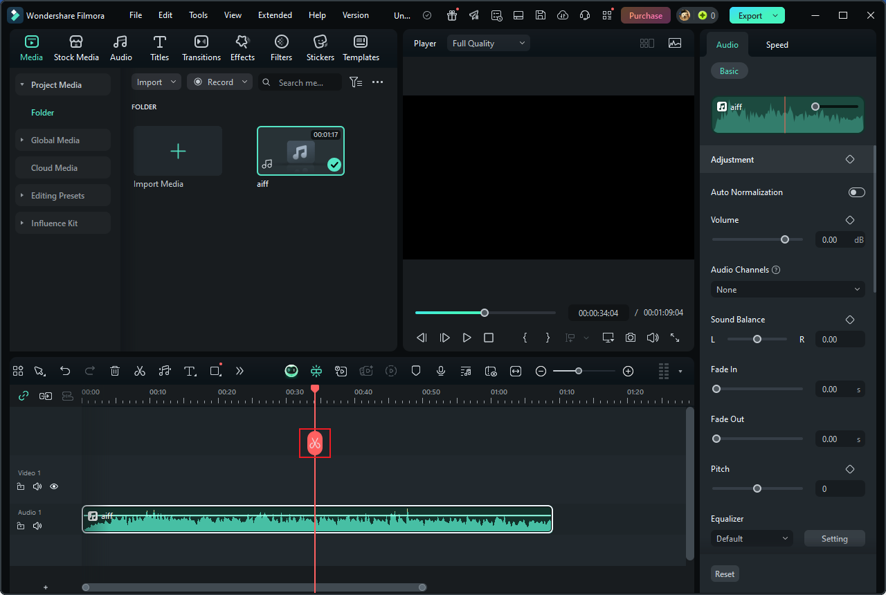 Split the AIFF file in Wondershare Filmora