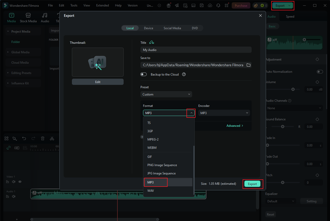 Click the Export button, choose an output audio format, and click Export in Wondershare Filmora to save the audio file