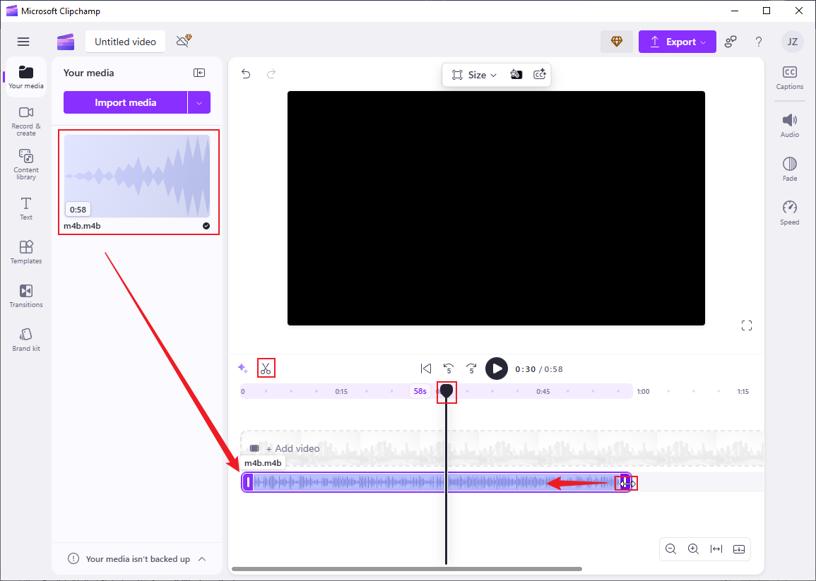 Drag the added M4B file to the timeline and edit it in Clipchamp