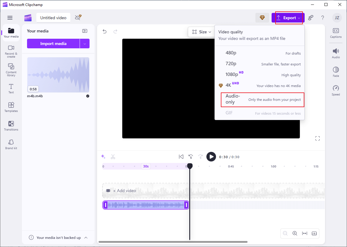 Click Export and choose Audio-only in Clipchamp to export the M4B file