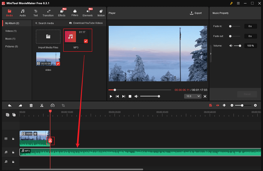 Hinzufügen des Audios in der Zeitleiste in MiniTool MovieMaker.
