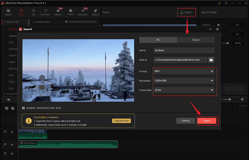 Exportieren des Videos in MiniTool MovieMaker