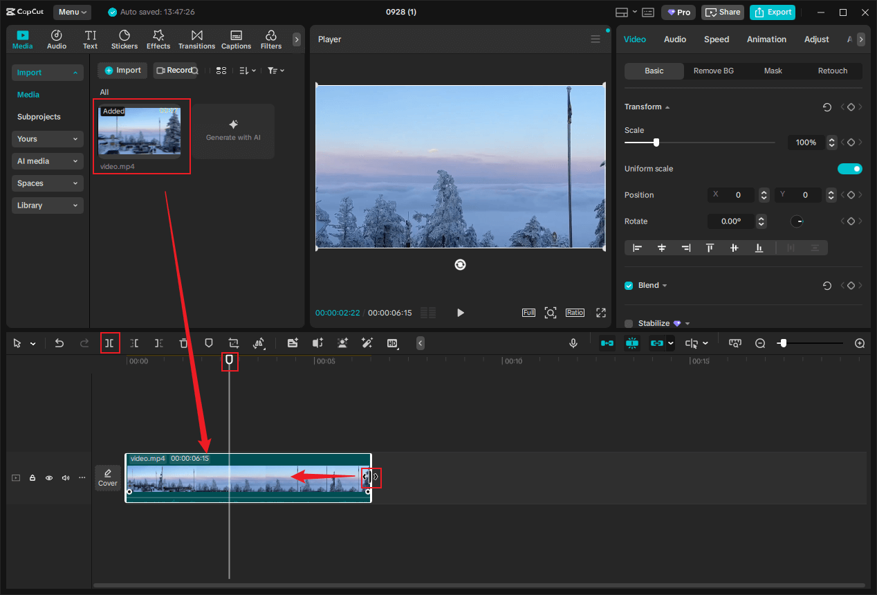 Drag the added video to the timeline and then trim or split the video in CapCut