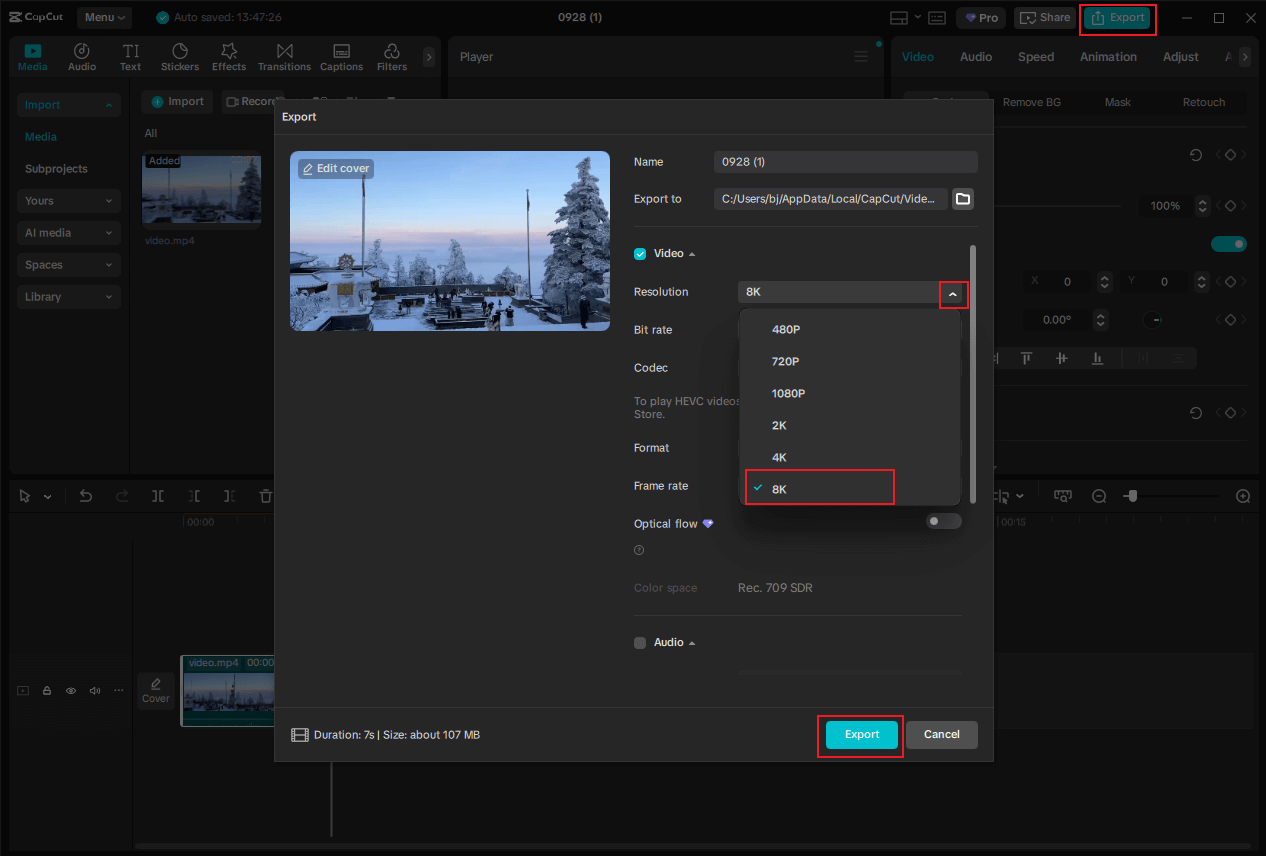 Choose 8K as the output resolution and click Export in CapCut