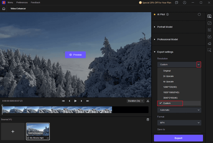 Expand Export settings, open Resolution, and choose Custom in HitPaw VikPea