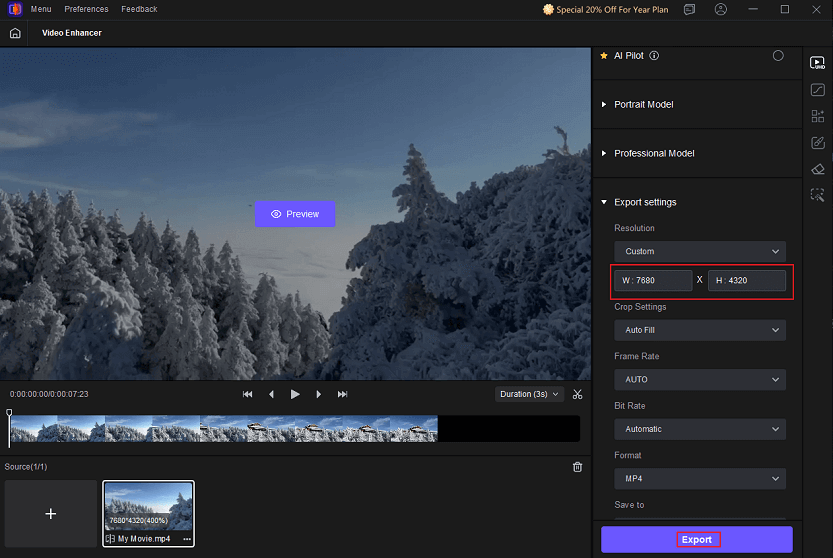 Input 7680 × 4320 in the Custom box and click Export in HitPaw VikPea