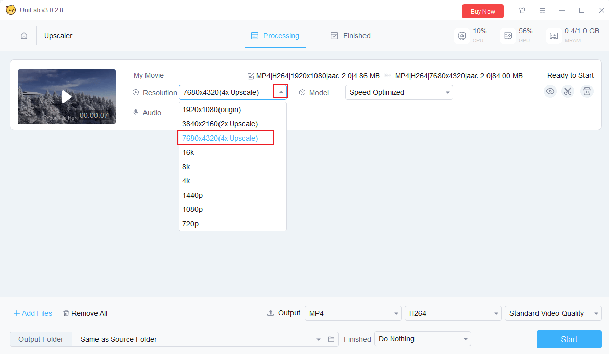 Set the output resolution to 7680 × 4320 (4x Upscale) in UniFab