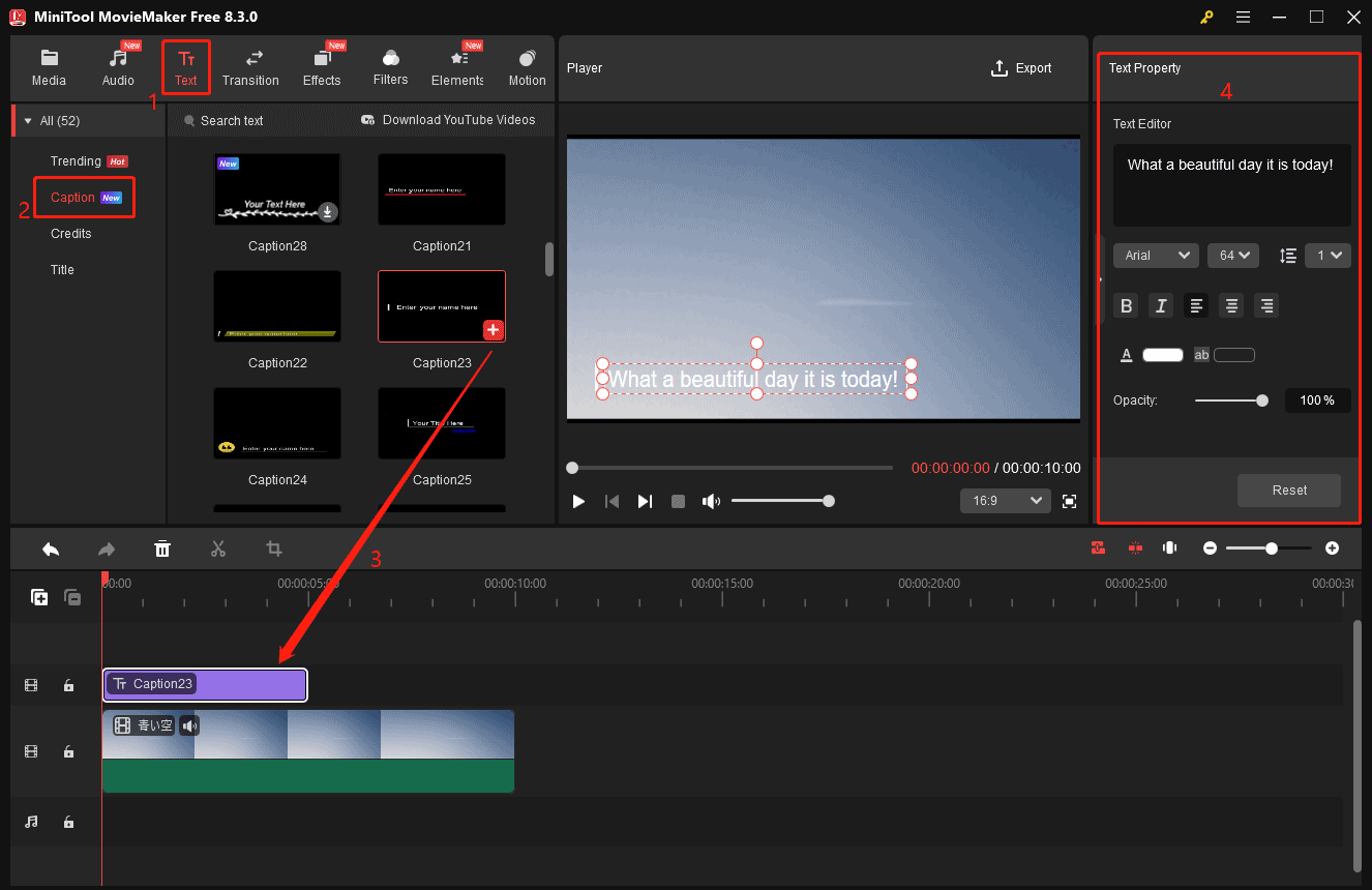 MiniTool MovieMakerの「Text」機能を使って動画に第一言語の字幕を追加