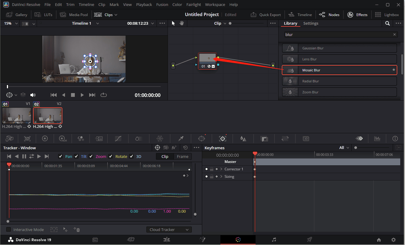 Apply the mosaic blur effect to blur the face in DaVinci Resolve