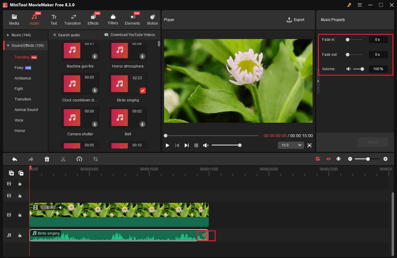 MiniTool MovieMakerの「Music Property」で効果音のフェードイン・フェードアウト効果や音量を編集