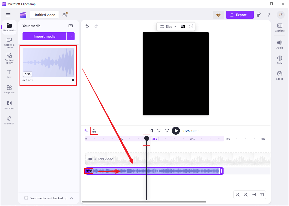 Drag the added AC3 file to the timeline and edit it in Clipchamp