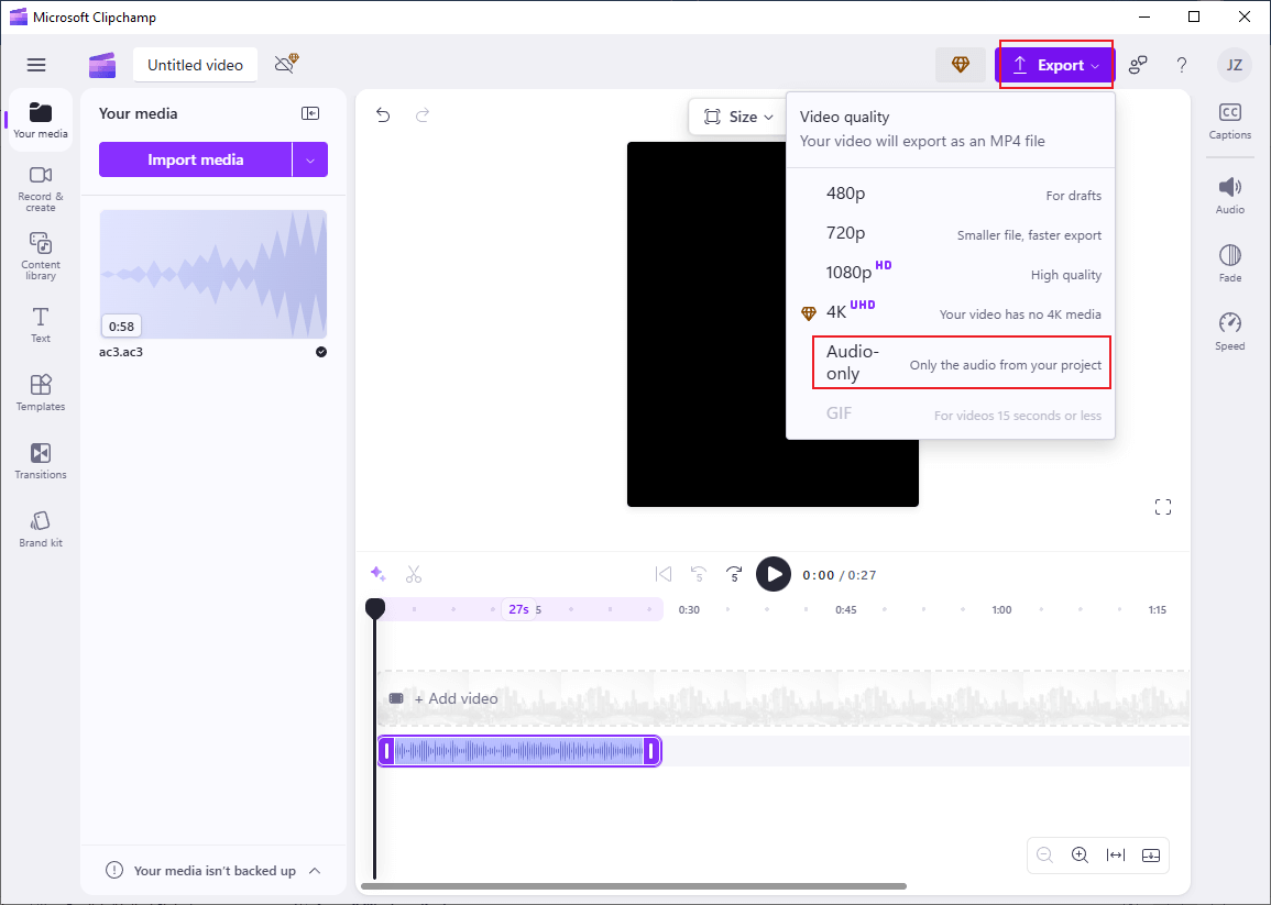 Click Export and choose Audio-only in Clipchamp to export the AC3 file