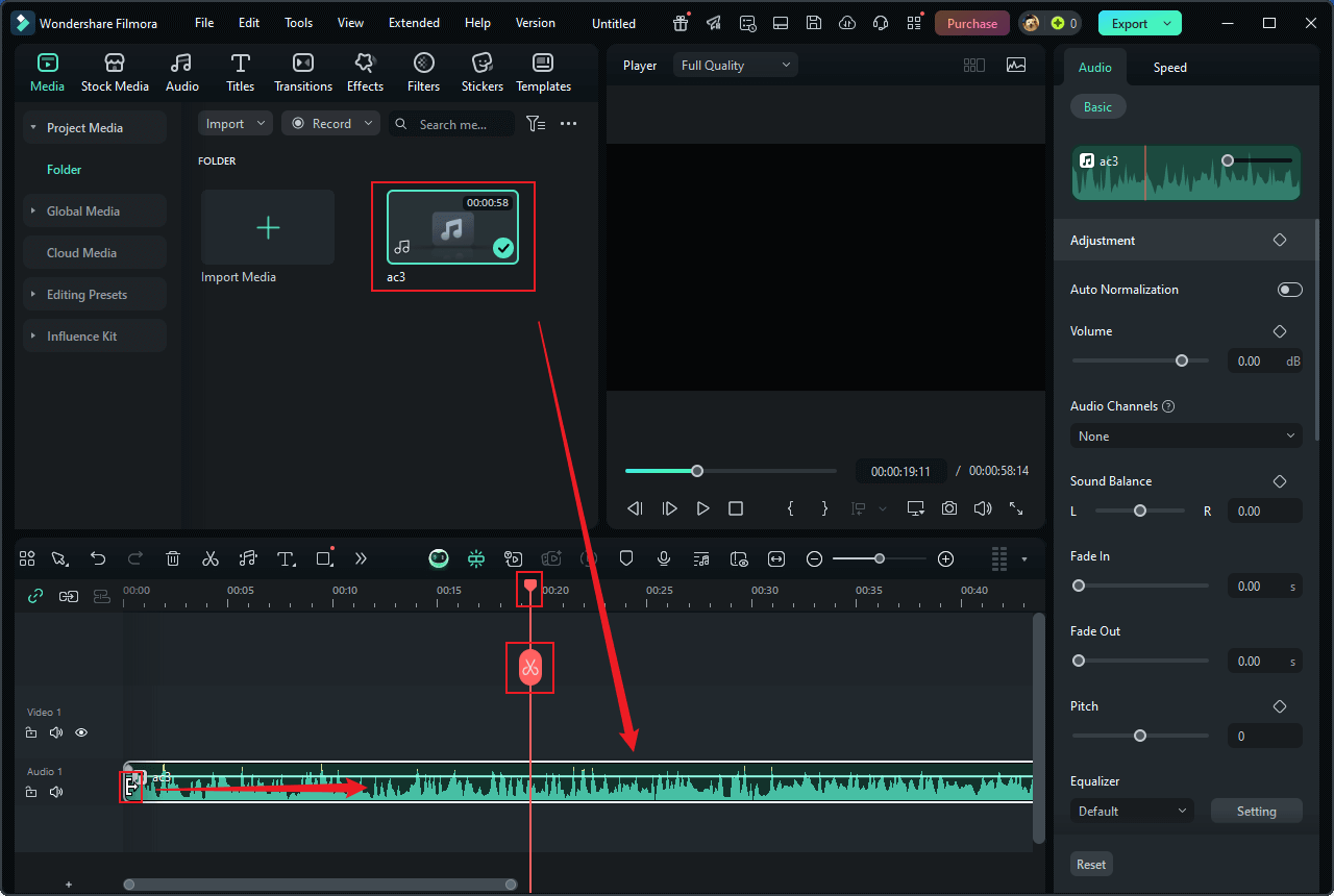 Drag the added AC3 file to the timeline and trim and split it in Wondershare Filmora
