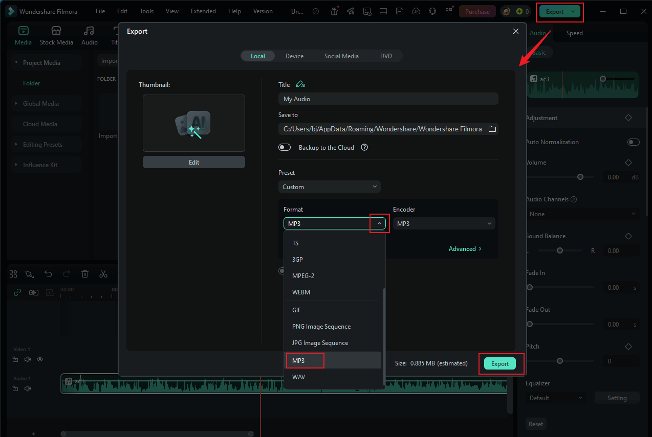 Choose MP3 as the output format and click Export in Wondershare Filmora to export the audio file