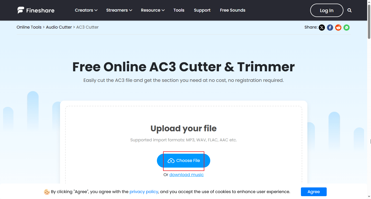 Click Choose File to upload the AC3 file to Fineshare