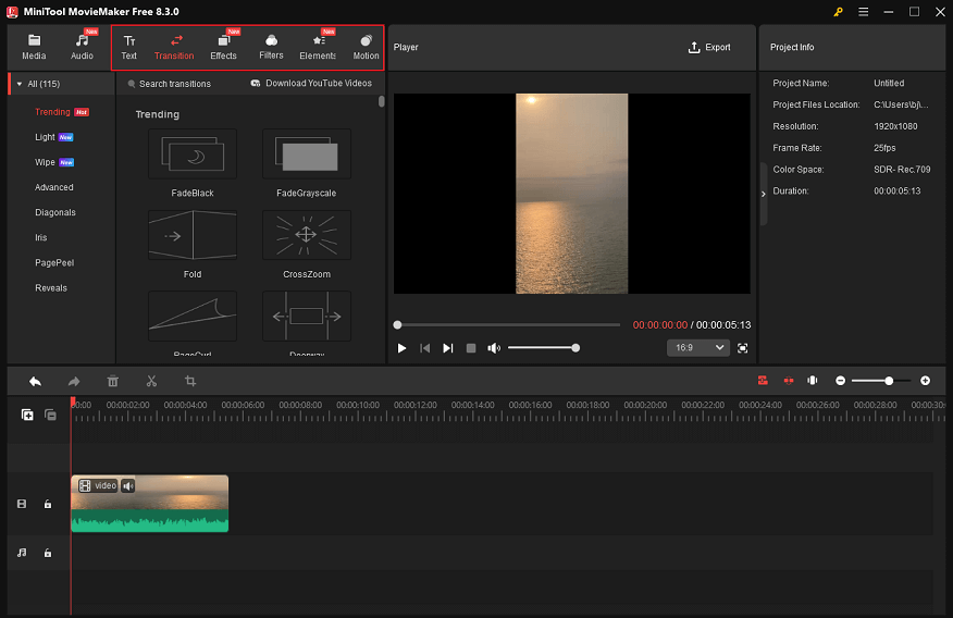 Add transitions, effects, filters, etc. to the video in MiniTool MovieMaker