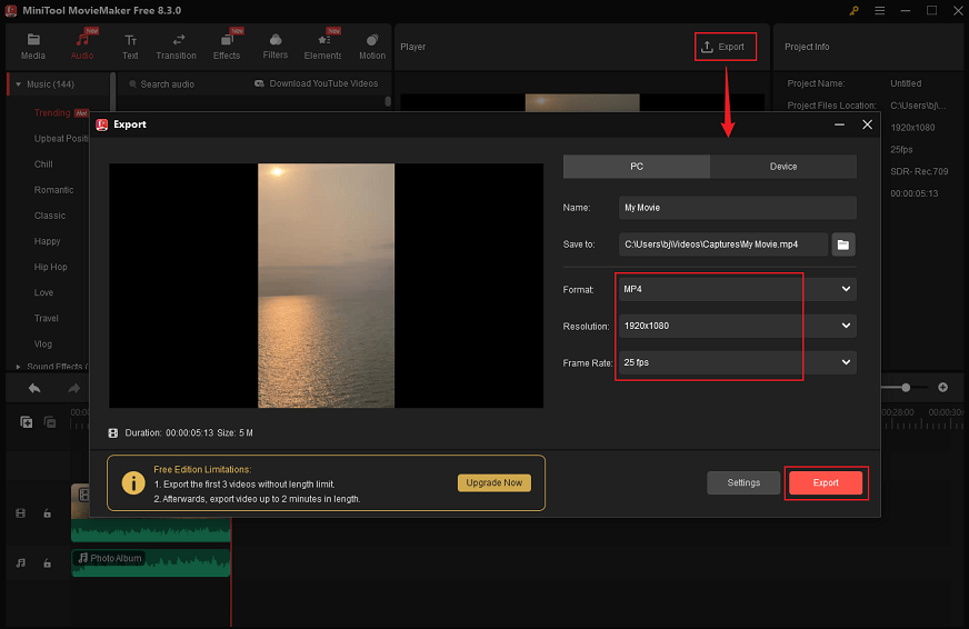 Go to the Export window, set the output parameters, and click on the Export button in MiniTool MovieMaker to export the car vlogging video